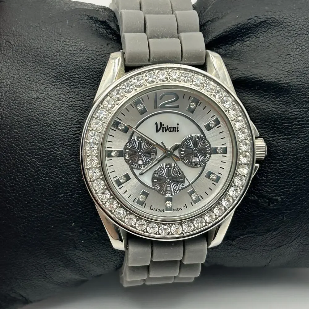 Vivani Silver Tone Dial Round Crystal Accent Case Gray Silicone Band Watch
